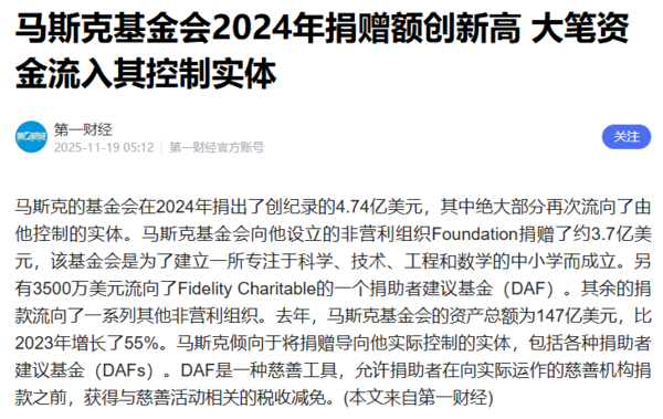 马斯克基金会2024年共捐4.74亿美元 大部分捐给自己 马斯克基金会2024年共捐4.74亿美元 大部分捐给自己