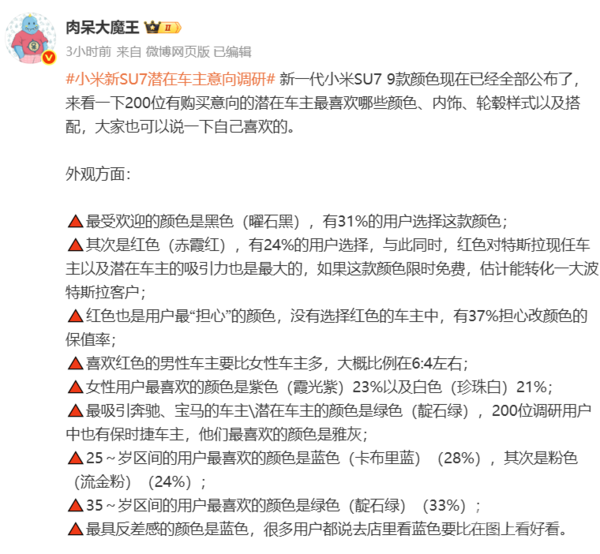 新一代SU7潜在车主意向调研公布：曜石黑配色最受欢迎